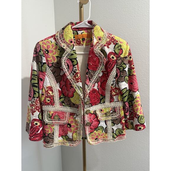 Cynthia Steffe Women's Blazer Linen Red Pink Floral Eyelet Size 6 - Picture 1 of 5